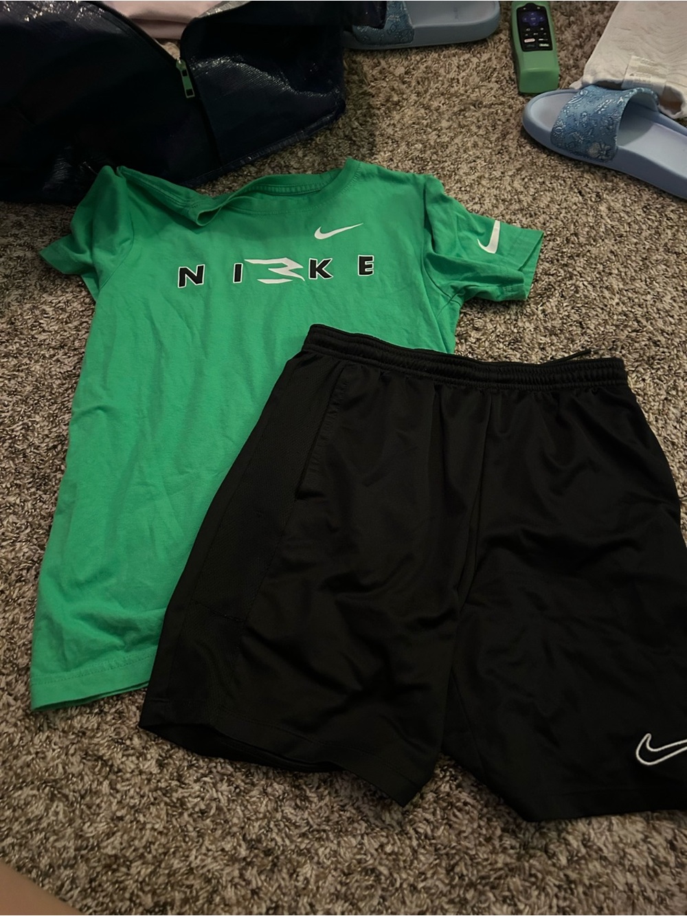 Nike Kids Green Logo Tee with Black Athletic Shorts